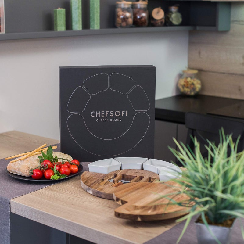 ChefSofi Charcuterie Board Set and Cheese Serving Platter - Made from Acacia Wood - US Patented 13 inch Cheese Board and Knife Set for Entertaining and Serving - 4 Knives and 4 Bowls - Image 3